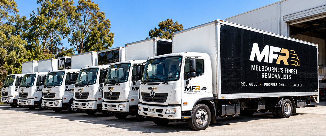 Melbourne Finest Removalists branded moving truck fleet lined up outside a warehouse