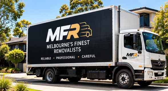 Melbourne Finest Removalists branded moving truck outside a home