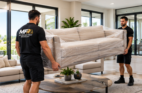 Two Melbourne Finest Removalists team members carrying a wrapped sofa