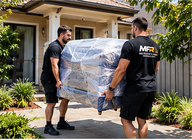 Melbourne Finest Removalists team carrying protected furniture outside a home