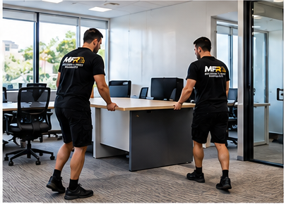 Two Melbourne Finest Removalists team members moving a desk in an office