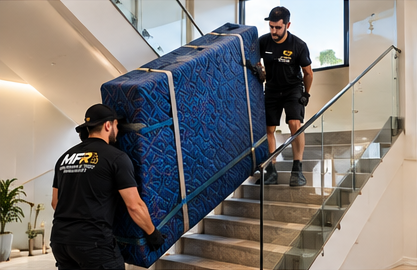 Melbourne Finest Removalists team moving protected furniture on stairs