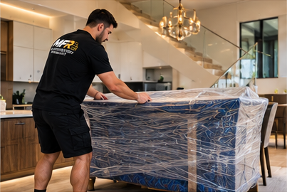 Melbourne Finest Removalists team member wrapping large furniture