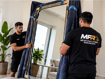 Melbourne Finest Removalists team protecting a large mirror with moving blankets